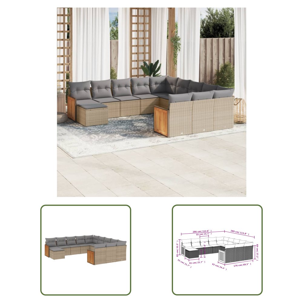 The Living Store 12-cz. zestaw mebli ogrodowych z poduszkami - beżowy - polirattan - Sofa Ogrodowa