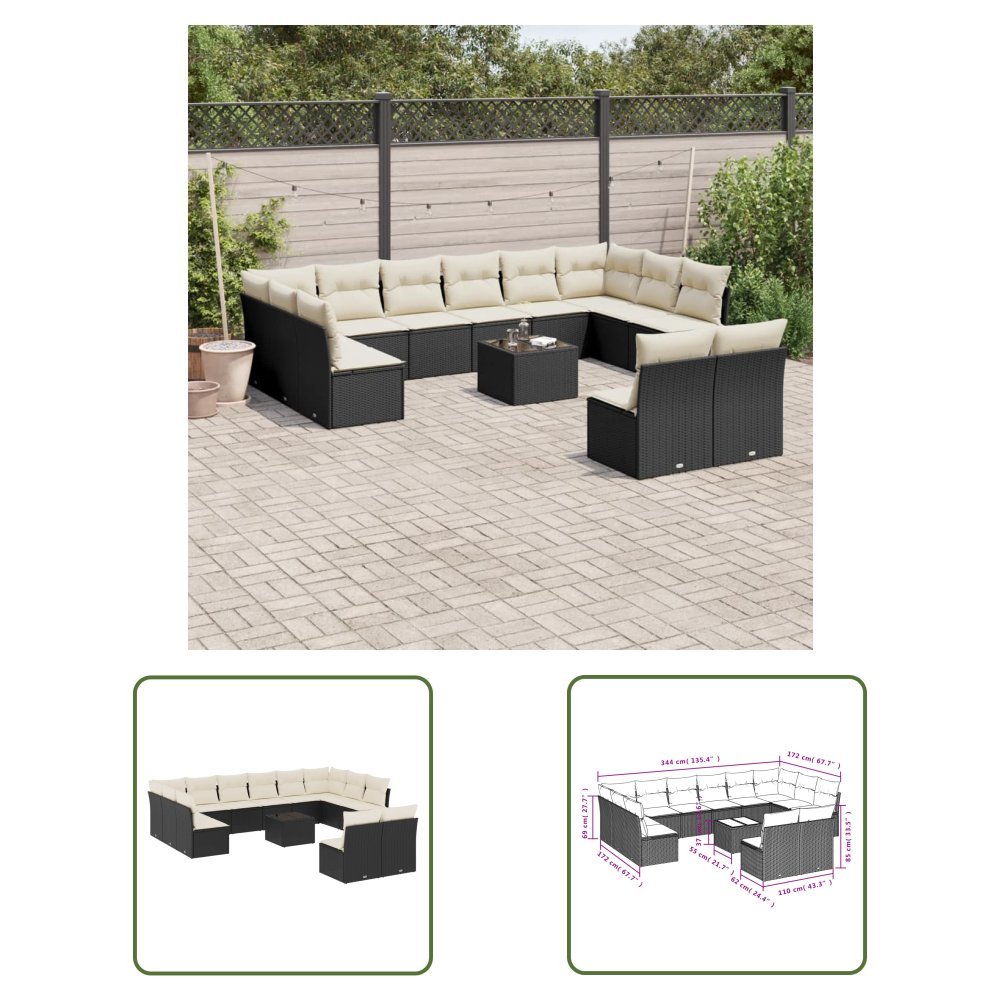 The Living Store 13-cz. zestaw mebli do ogrodu - poduszki - czarny - rattan PE - Sofa Ogrodowa