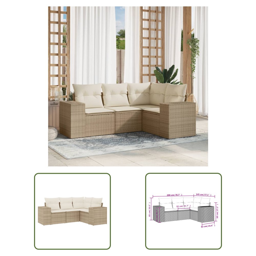 The Living Store 4-cz. zestaw mebli ogrodowych z poduszkami - beżowy - polirattan - Sofa Ogrodowa