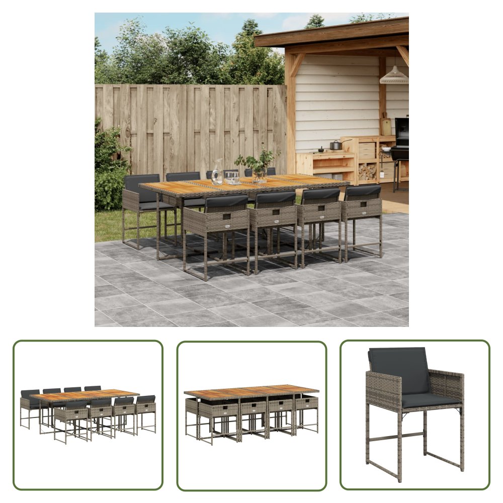 The Living Store 9-cz. zestaw mebli ogrodowych z poduszkami - szary - rattan PE - Meble Ogrodowe