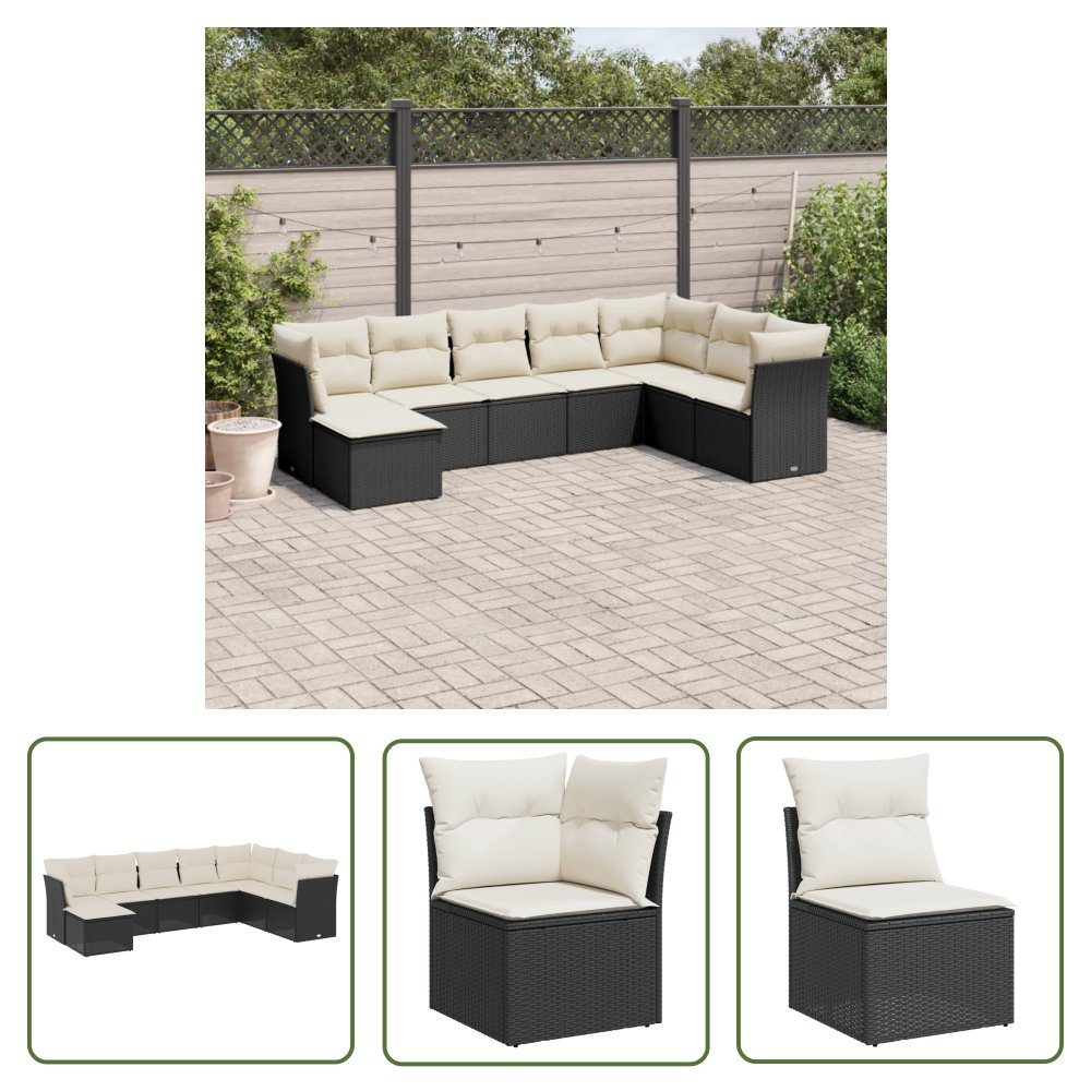 The Living Store 8-cz. zestaw wypoczynkowy do ogrodu - z poduszkami - czarny - Sofa Ogrodowa