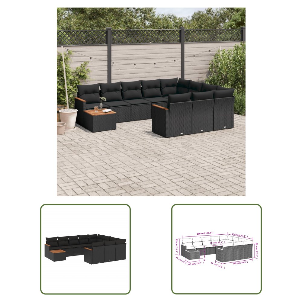 The Living Store 11-cz. zestaw wypoczynkowy do ogrodu - poduszki czarny rattan PE - Sofa Ogrodowa