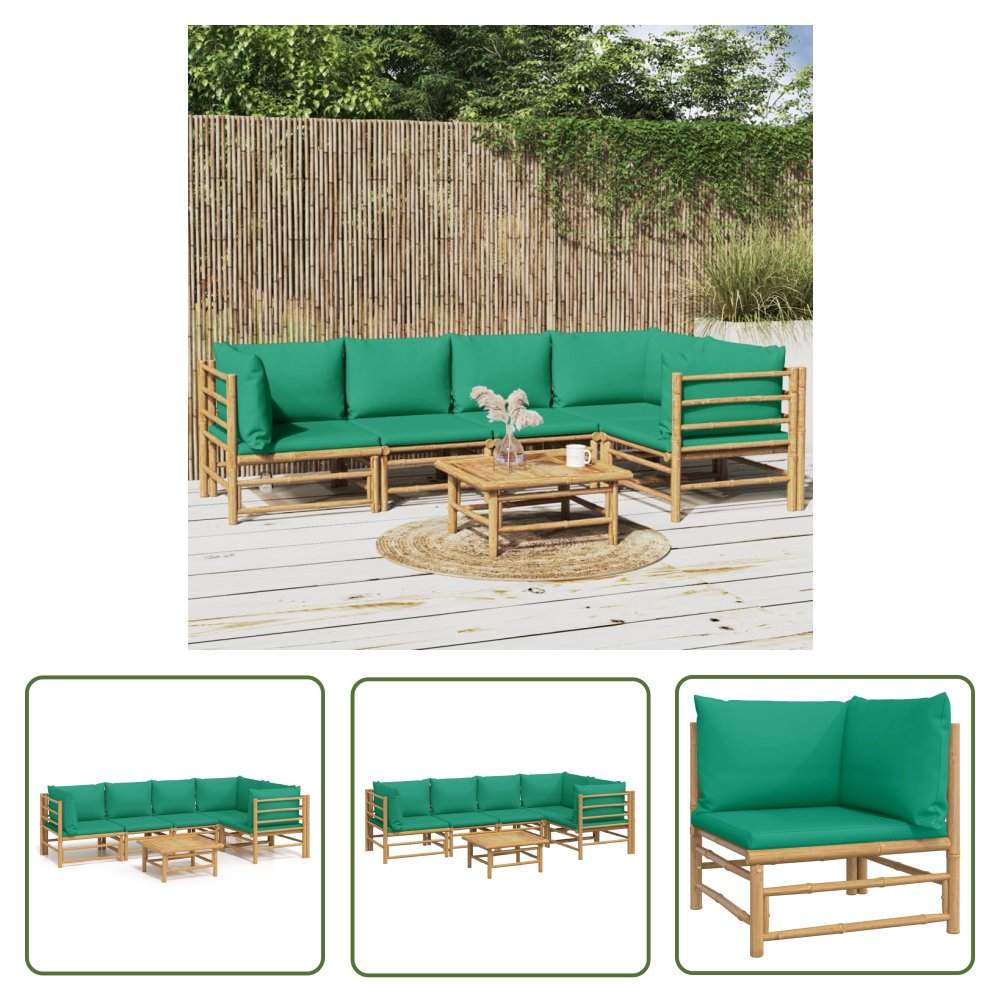 The Living Store 6-cz. zestaw mebli do ogrodu - zielone poduszki - bambus - Zestaw Wypoczynkowy Do Ogrodu