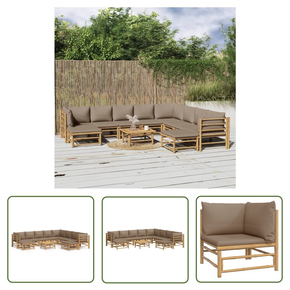 The Living Store 11-cz. zestaw mebli do ogrodu - poduszki w kolorze taupe - bambus - Zestaw Wypoczynkowy Do Ogrodu
