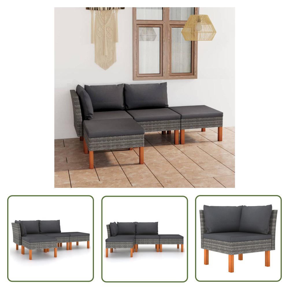 The Living Store 4-cz. zestaw wypoczynkowy do ogrodu - poduszki - rattan PE - szary - Ogrodowy Zestaw Wypoczynkowy