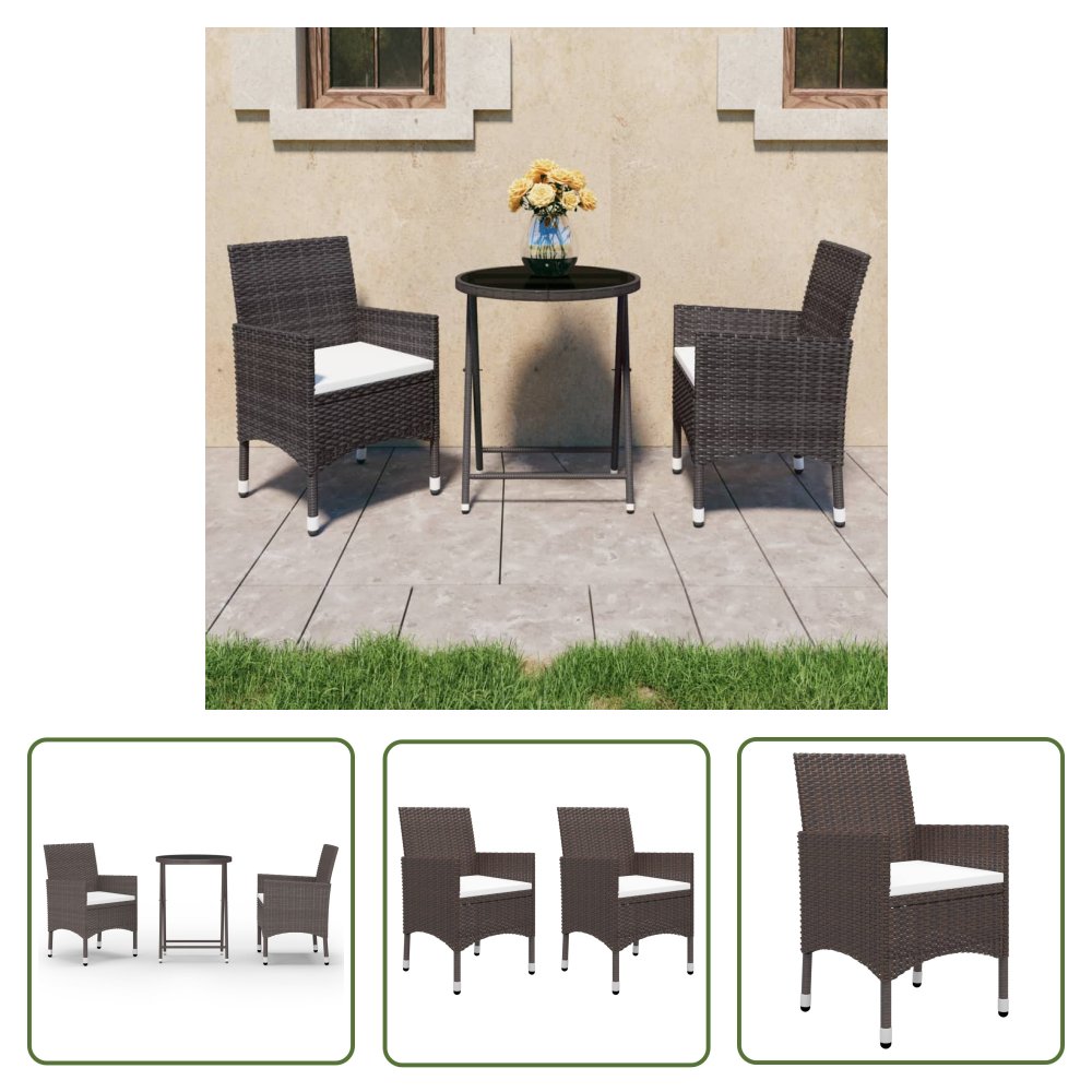 The Living Store 3-cz. zestaw bistro - rattan PE i szkło hartowane - brązowy - Zestaw Mebli Bistro