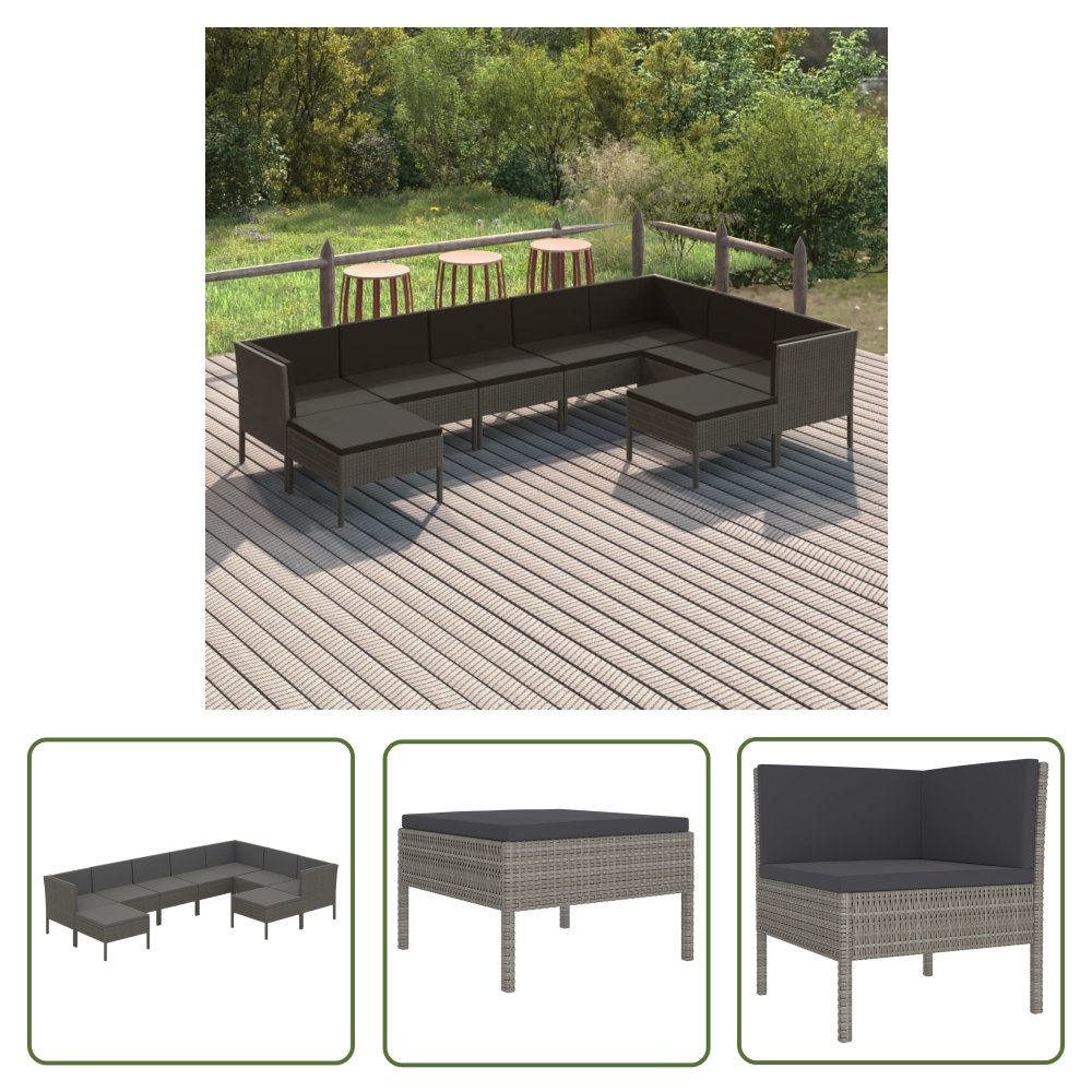 The Living Store 9-cz. zestaw wypoczynkowy do ogrodu - poduszki - rattan PE - szary - Zestaw Wypoczynkowy Do Ogrodu