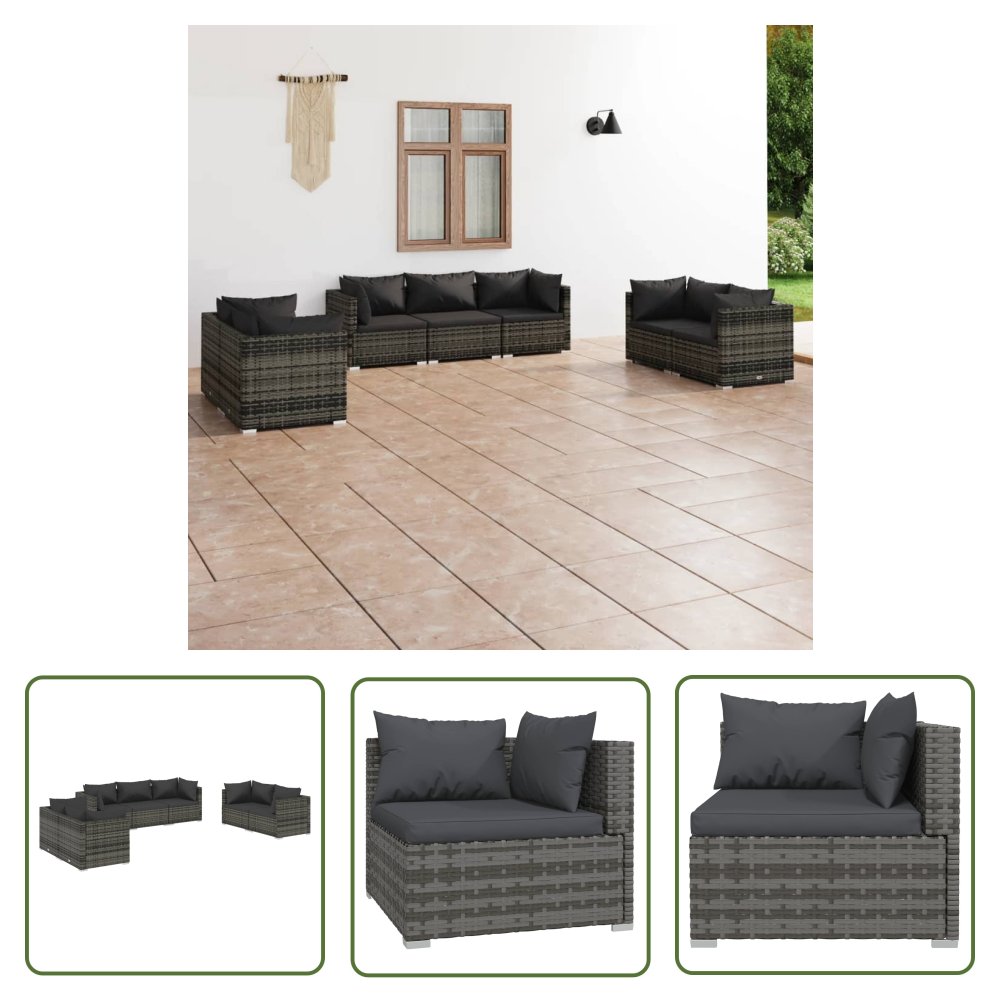 The Living Store 7-cz. zestaw wypoczynkowy do ogrodu - poduszki - rattan PE - szary - Zestaw Mebli Ogrodowych