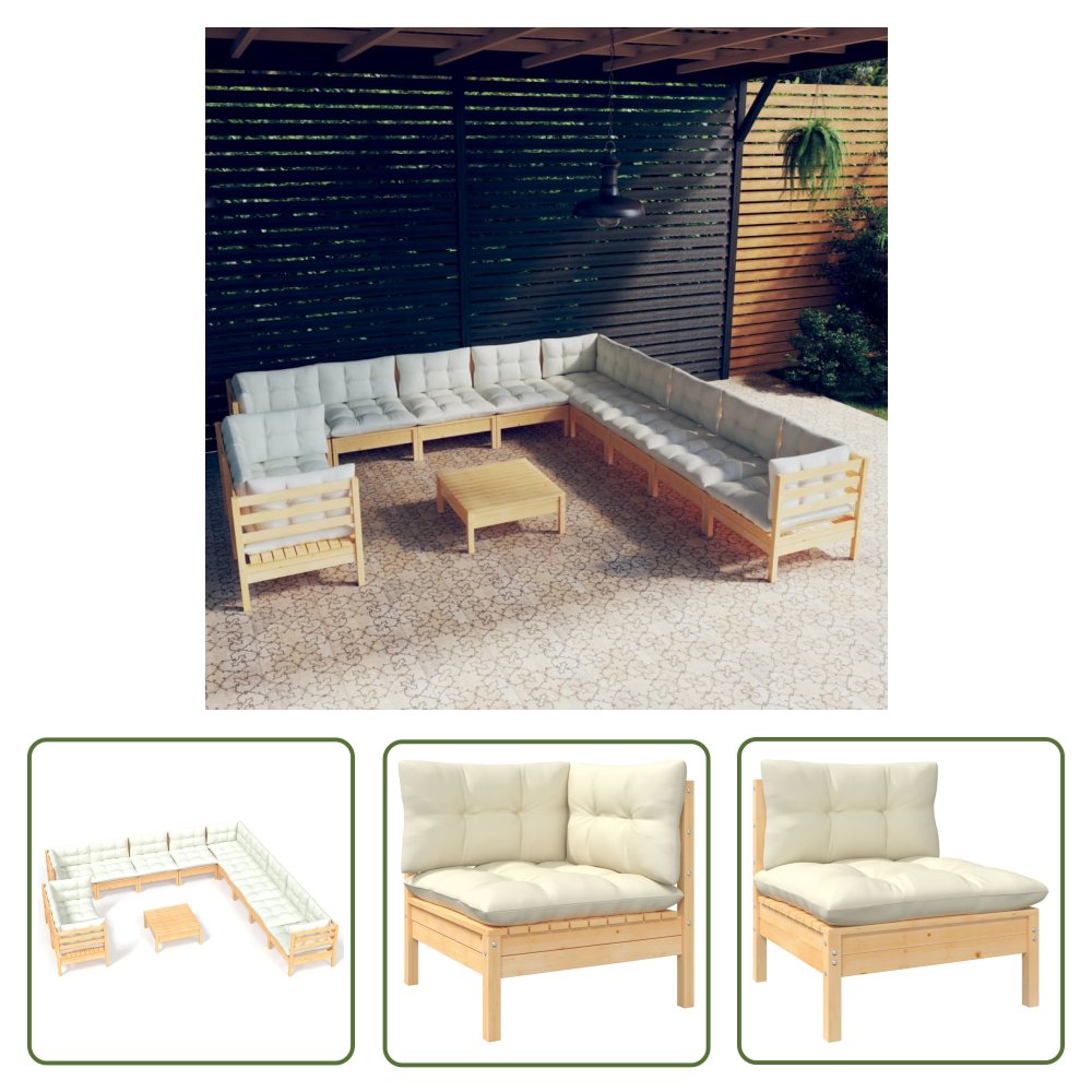 The Living Store 12-cz. zestaw wypoczynkowy do ogrodu - kremowe poduszki - sosnowy - Zestaw Wypoczynkowy Do Ogrodu