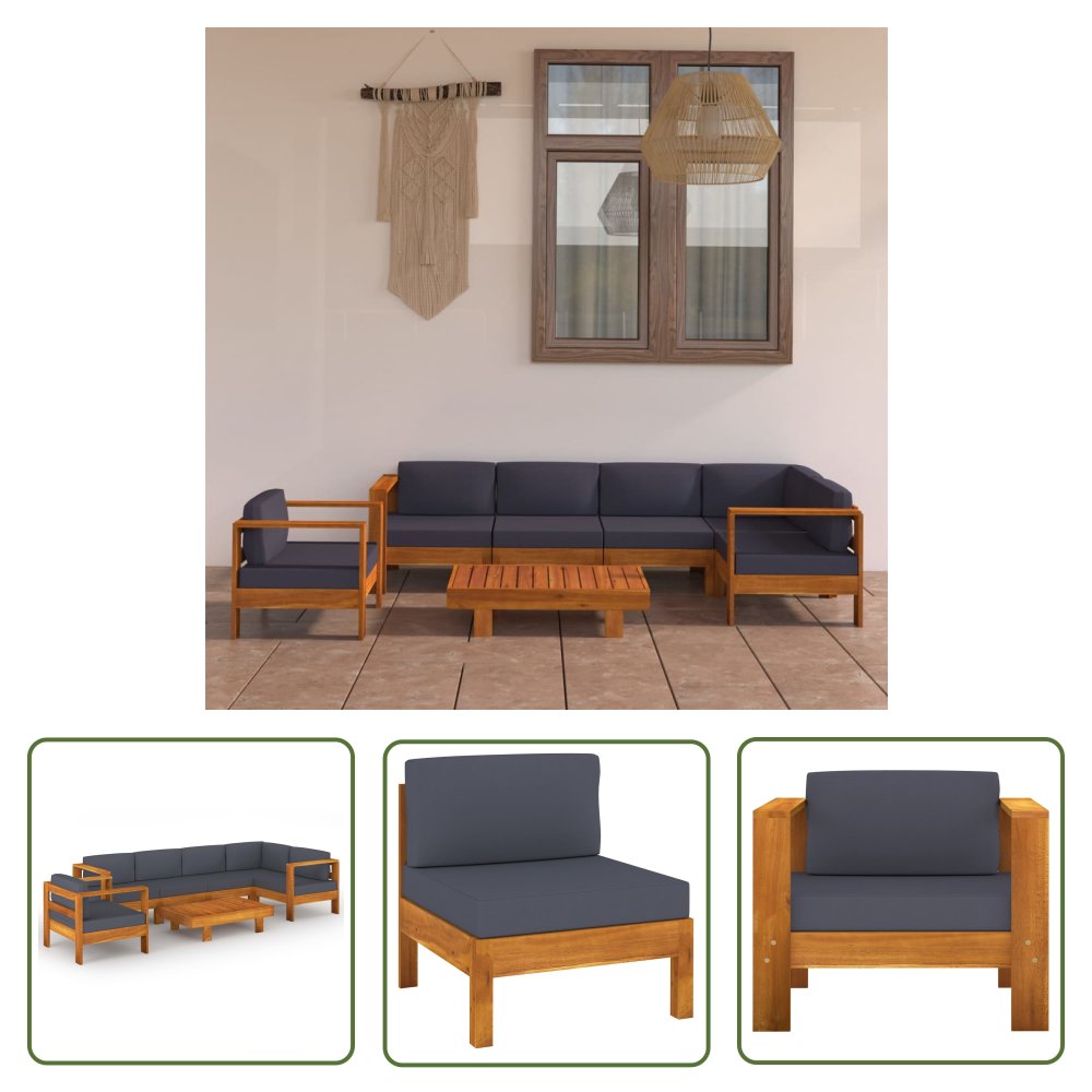The Living Store 7-cz. zestaw mebli ogrodowych - ciemnoszare poduszki - akacja - Ogrodowy Zestaw Wypoczynkowy