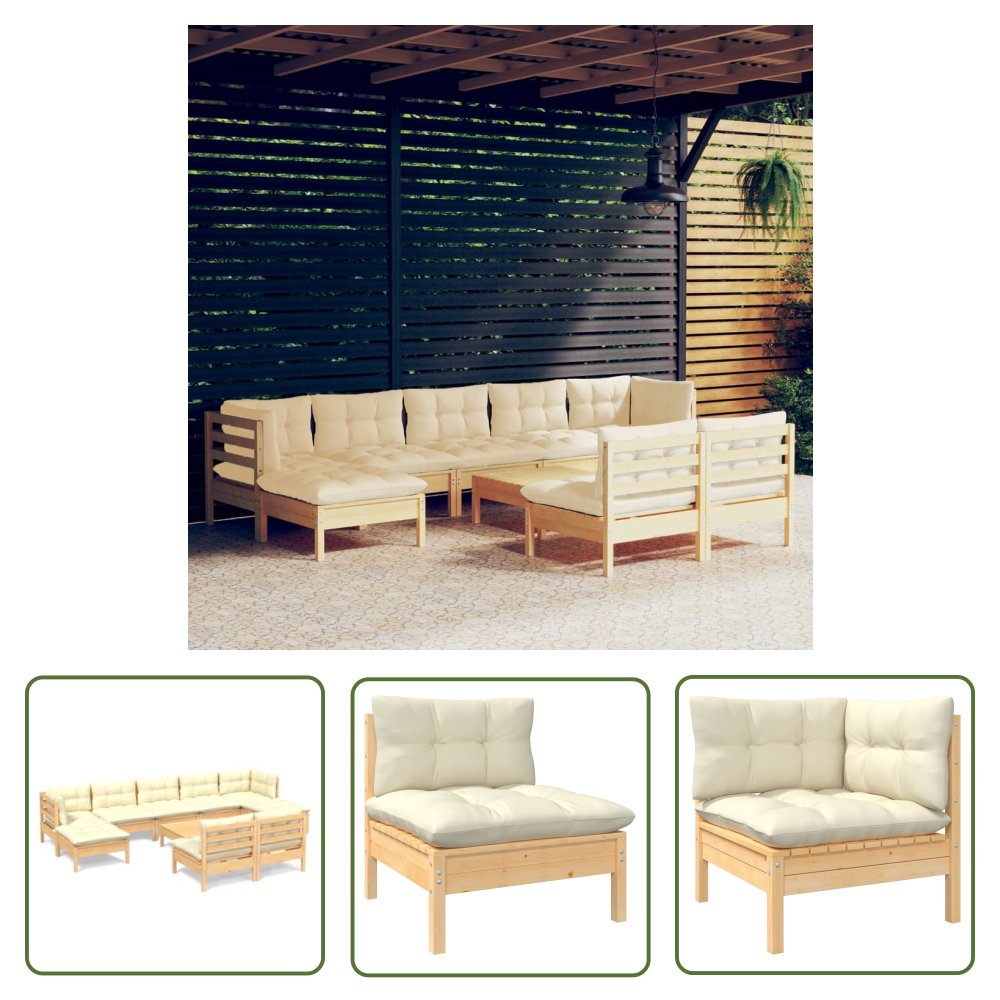 The Living Store 10-cz. zestaw wypoczynkowy do ogrodu - kremowe poduszki - sosnowy - Zestaw Wypoczynkowy Do Ogrodu