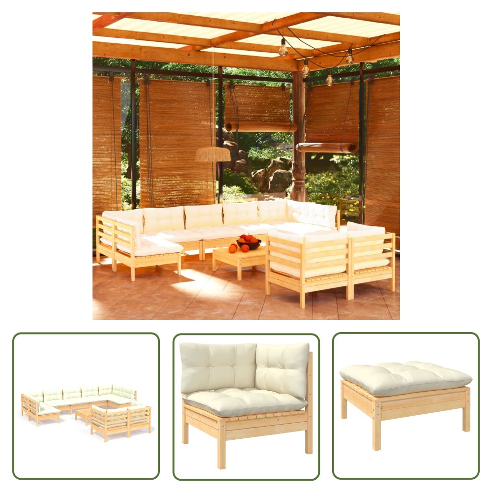 The Living Store 10-cz. zestaw wypoczynkowy do ogrodu - kremowe poduszki - sosnowy - Zestaw Wypoczynkowy Do Ogrodu