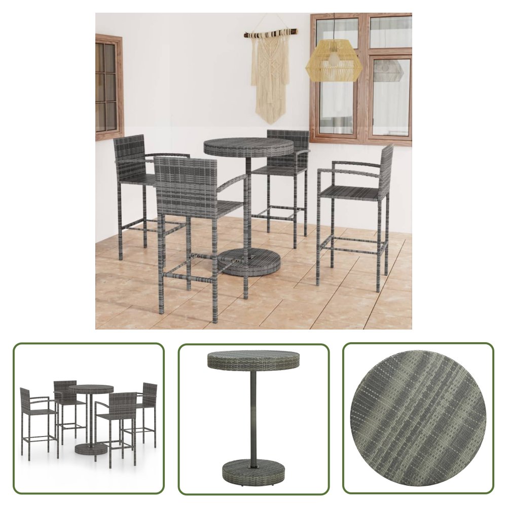 The Living Store 5-cz. zestaw mebli barowych do ogrodu - rattan PE - szary - Zestaw Mebli Ogrodowych