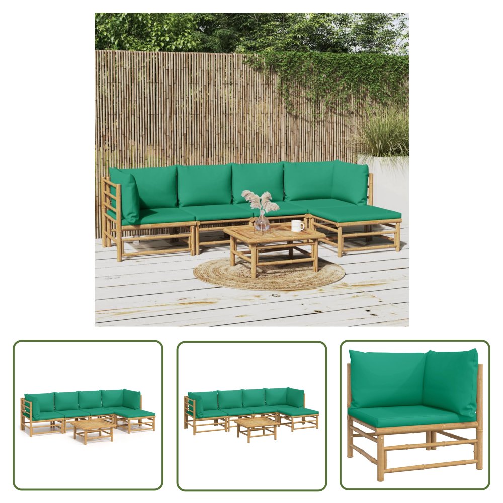 The Living Store 6-cz. zestaw mebli do ogrodu - zielone poduszki - bambus - Zestaw Wypoczynkowy Do Ogrodu