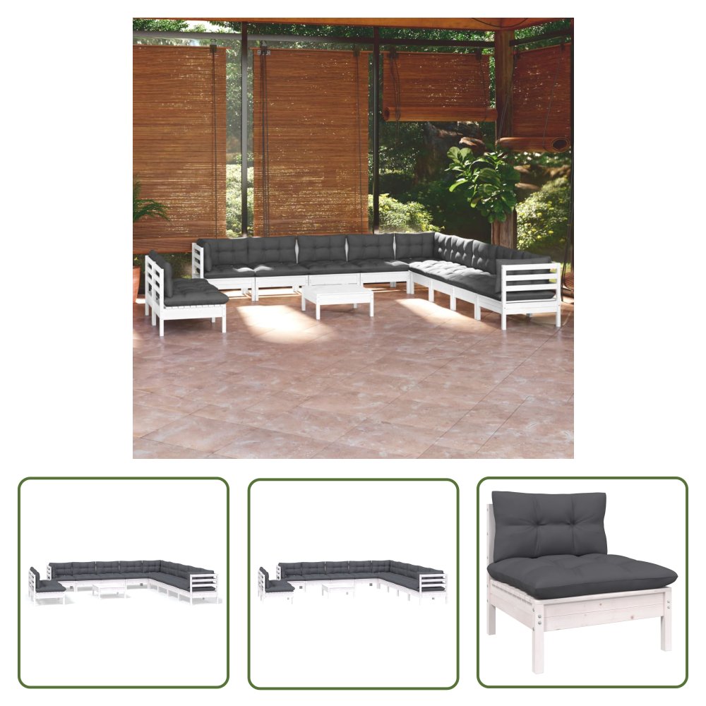 The Living Store 12-cz. zestaw wypoczynkowy do ogrodu - z poduszkami - biała sosna - Zestaw Wypoczynkowy Do Ogrodu