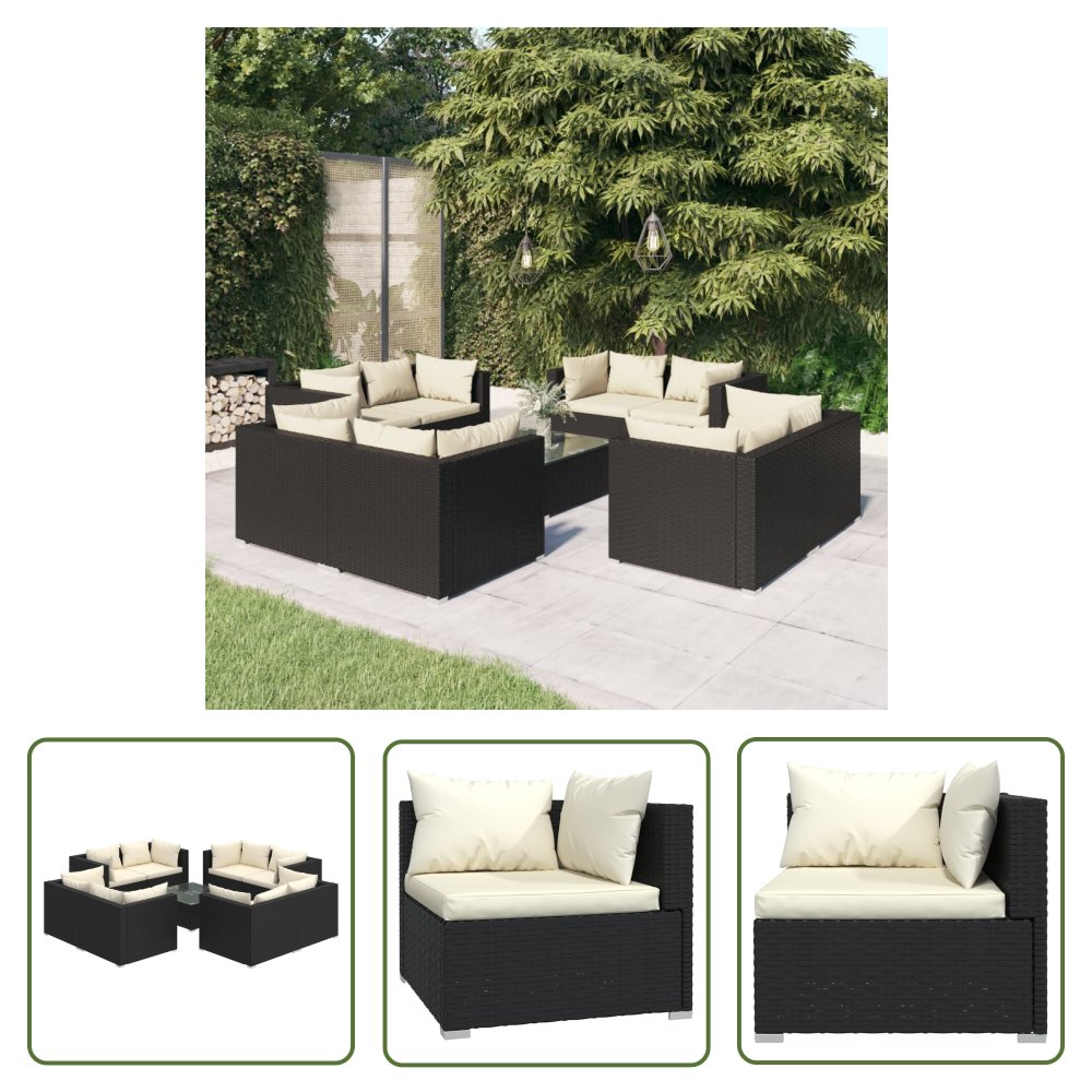 The Living Store 9-cz. zestaw wypoczynkowy do ogrodu - poduszki - rattan PE czarny - Zestaw Mebli Ogrodowych