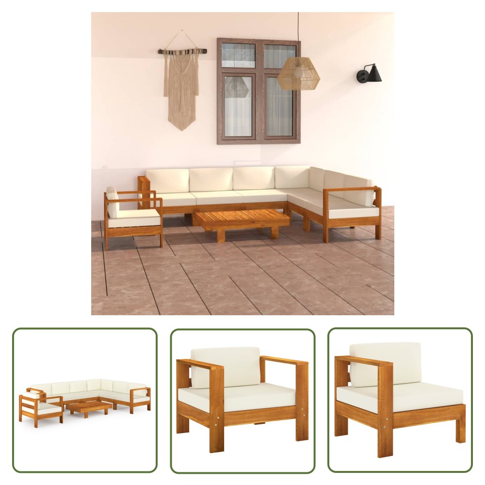 The Living Store 8-cz. zestaw wypoczynkowy do ogrodu - kremowe poduszki - akacja - Ogrodowy Zestaw Wypoczynkowy