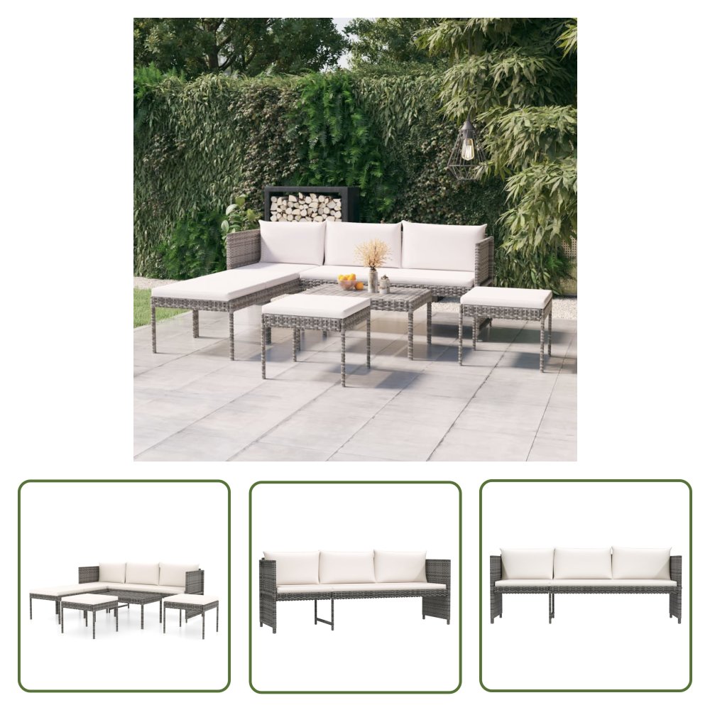 The Living Store 6-cz. zestaw wypoczynkowy do ogrodu - poduszki - rattan PE - szary - Meble Ogrodowe