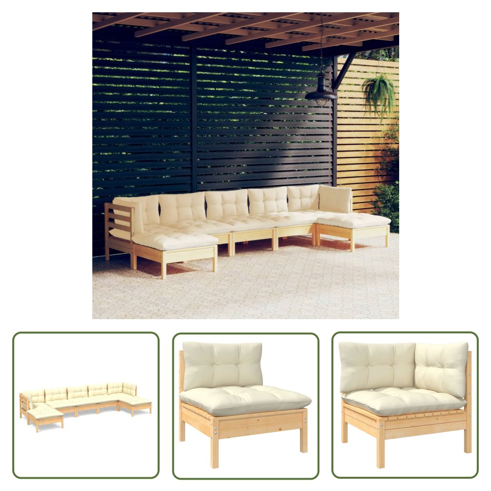 The Living Store 7-cz. zestaw wypoczynkowy do ogrodu - kremowe poduszki - sosnowy - Zestaw Wypoczynkowy Do Ogrodu