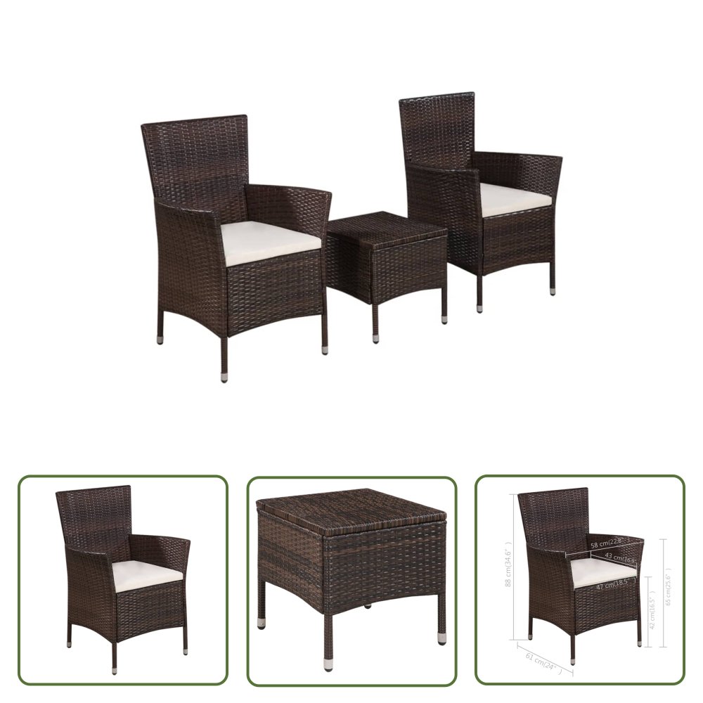 The Living Store 3-cz. zestaw mebli bistro - rattan PE - brązowy - Zestaw Bistro