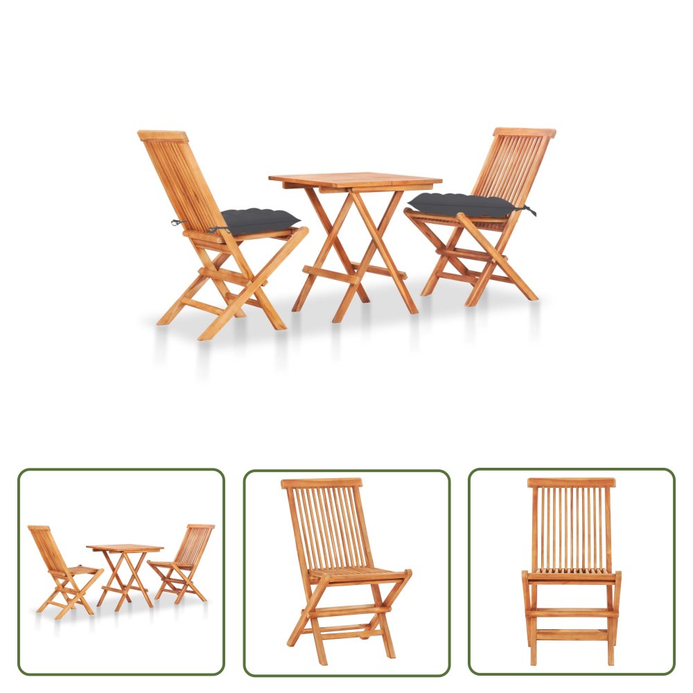 The Living Store 3-cz. zestaw mebli bistro - antracytowe poduszki - drewno tekowe - Zestaw Mebli Bistro