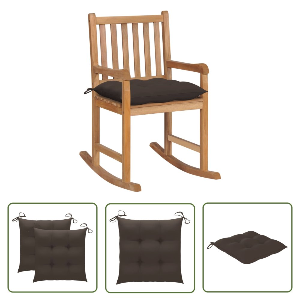 The Living Store Fotel bujany z poduszką w kolorze taupe - lite drewno tekowe - Fotel Bujany