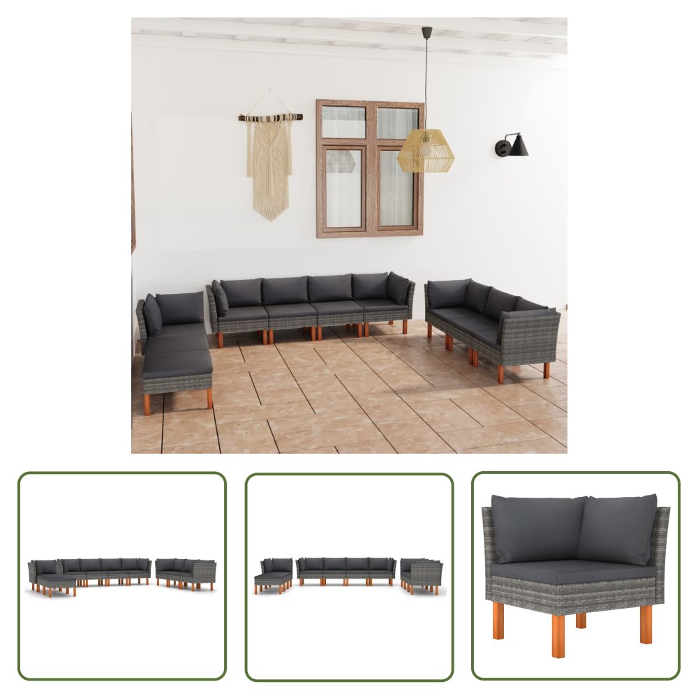 The Living Store 10-cz. zestaw wypoczynkowy do ogrodu - poduszki - szary rattan PE - Ogrodowy Zestaw Wypoczynkowy