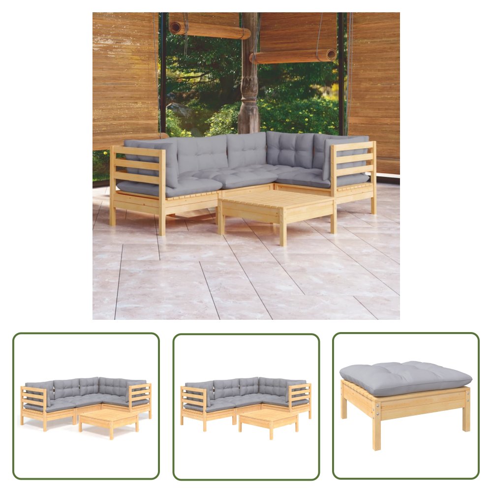 The Living Store 5-cz. zestaw wypoczynkowy do ogrodu - szare poduszki - sosnowy - Zestaw Wypoczynkowy Do Ogrodu