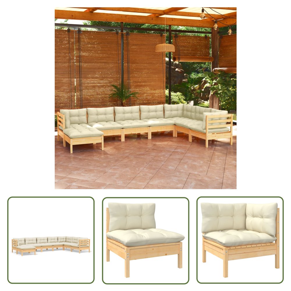 The Living Store 8-cz. zestaw wypoczynkowy do ogrodu - kremowe poduszki - sosnowy - Zestaw Wypoczynkowy Do Ogrodu