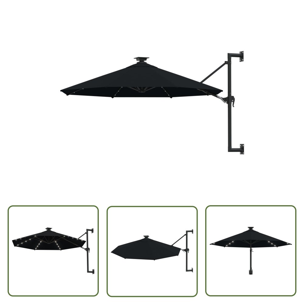 The Living Store Parasol ogrodowy z LED - ścienny - 300 cm - czarny - Parasol Ogrodowy