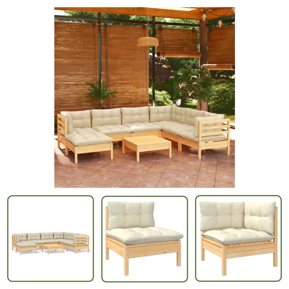 The Living Store 8-cz. zestaw wypoczynkowy do ogrodu - kremowe poduszki - sosnowy - Zestaw Wypoczynkowy Do Ogrodu