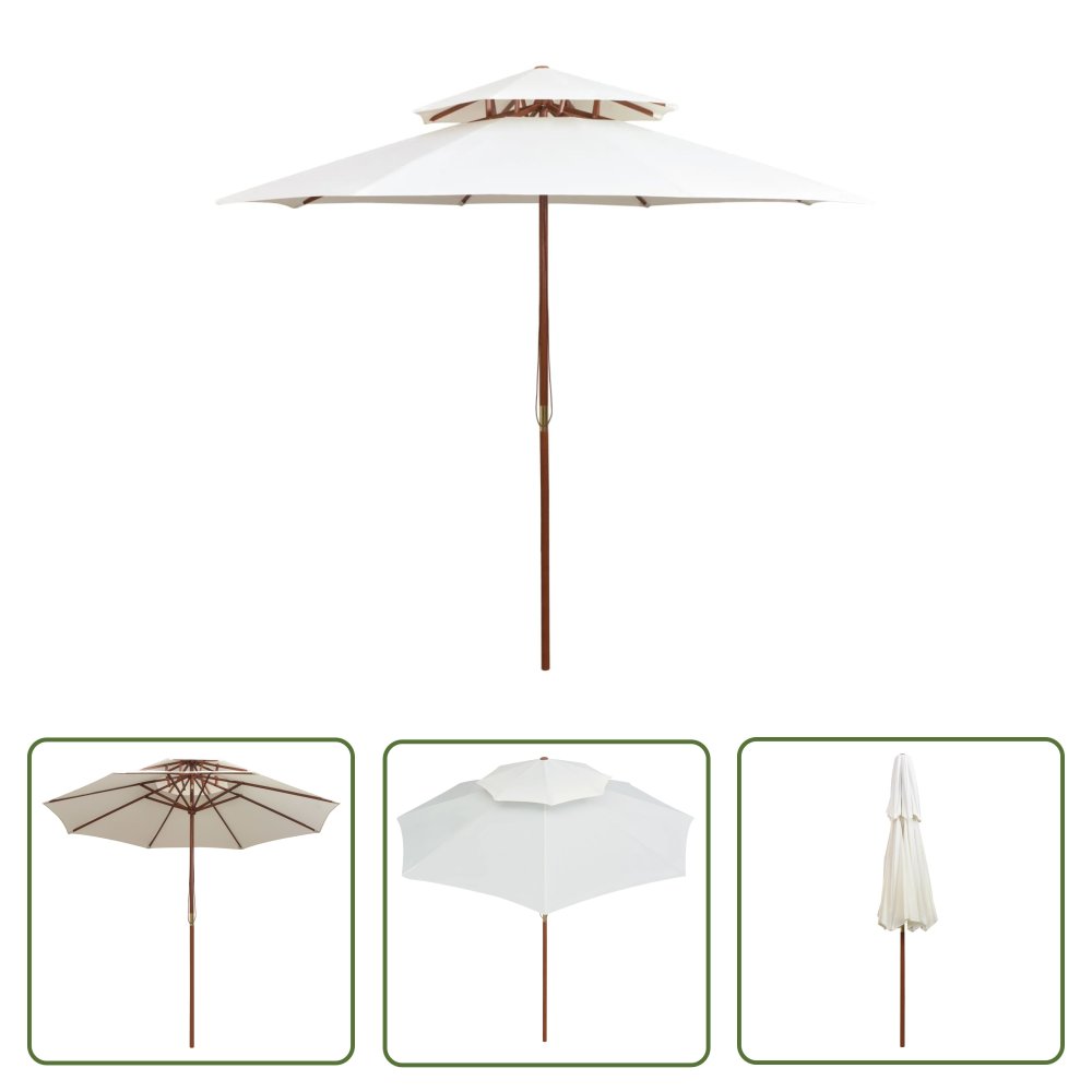 The Living Store Parasol z podwójnym daszkiem - 270x270 cm drewno - kremowy - Parasol Ogrodowy