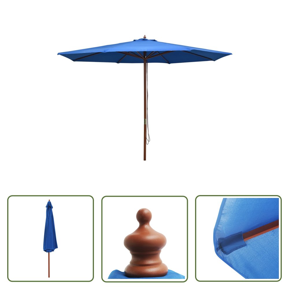The Living Store Parasol ogrodowy na drewnianym słupku - 350 cm - niebieski - Parasol