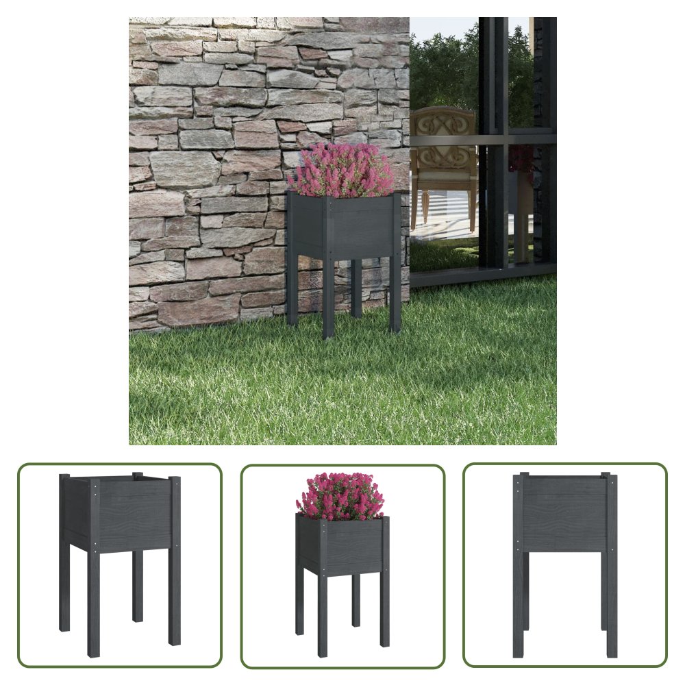 The Living Store Donica ogrodowa - szara - 40x40x70 cm - lite drewno sosnowe - Podwyższona Donica