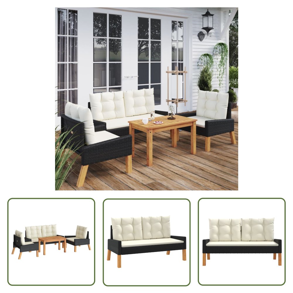 The Living Store 4-cz ogrodowy zestaw wypoczynkowy - poduszki - polirattan - drewno - Ogrodowy Zestaw Wypoczynkowy