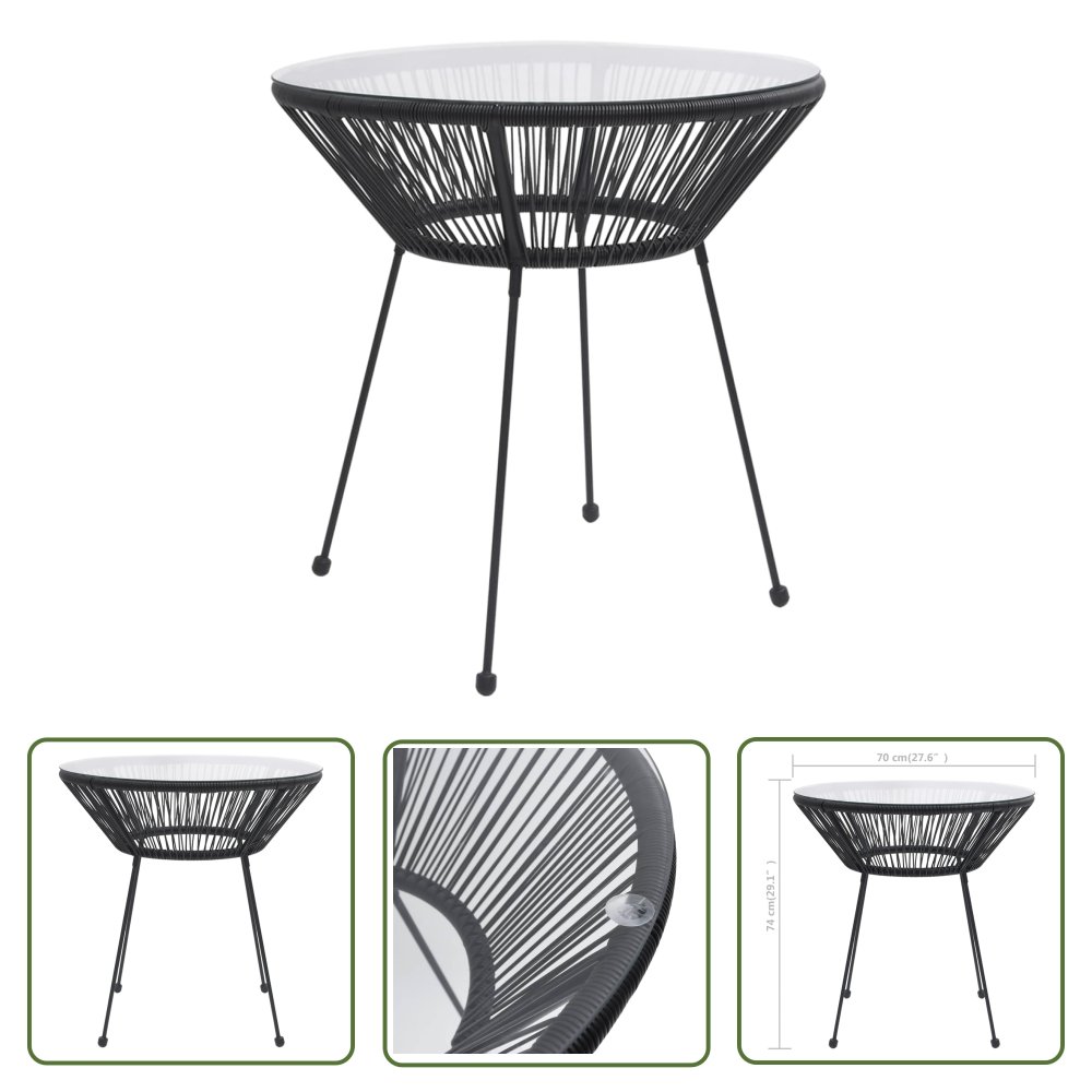 The Living Store Stolik ogrodowy - czarny - Ø70x74 cm - rattan i szkło - Stół Ogrodowy