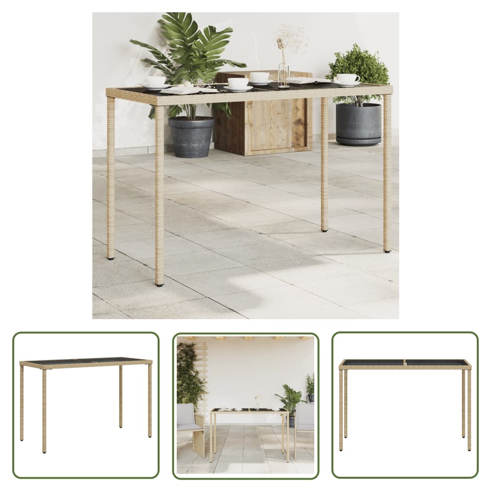The Living Store Stół ogrodowy ze szklanym blatem - beż - 115x54x74 cm - rattan PE - Stół Ogrodowy