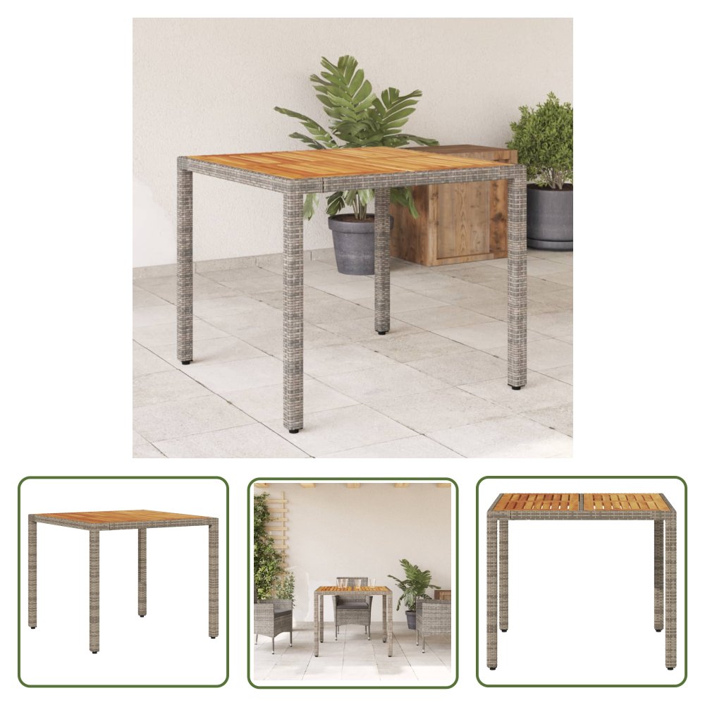 The Living Store Stół ogrodowy z akacjowym blatem - szary - 90x90x75 cm - rattan PE - Stół Ogrodowy