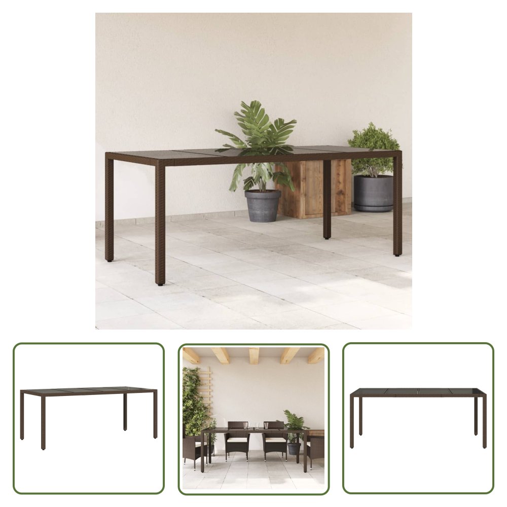 The Living Store Stół ogrodowy ze szklanym blatem - brąz - 190x90x75cm - polirattan - Stół Ogrodowy