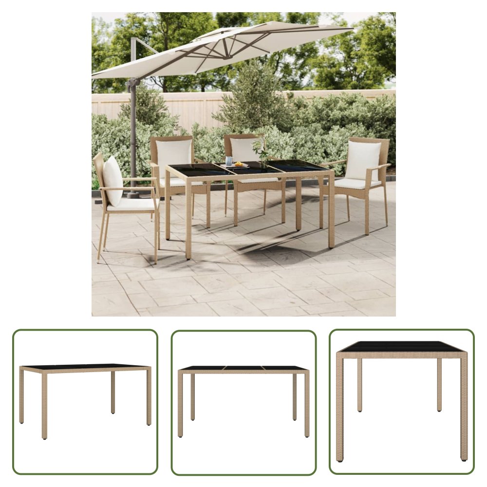 The Living Store Stół ogrodowy ze szklanym blatem - beżowy rattan PE i szkło - Stół Ogrodowy