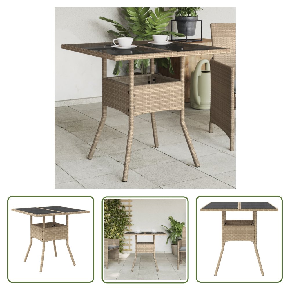 The Living Store Stół ogrodowy ze szklanym blatem - beżowy - 80x80x75 cm - Stół Ogrodowy