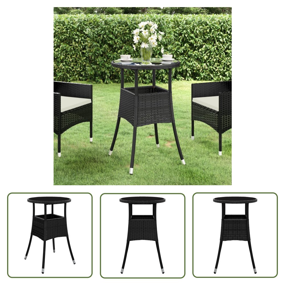 The Living Store Stolik ogrodowy - Ø60x75 cm - szkło hartowane i rattan PE - czarny - Stół