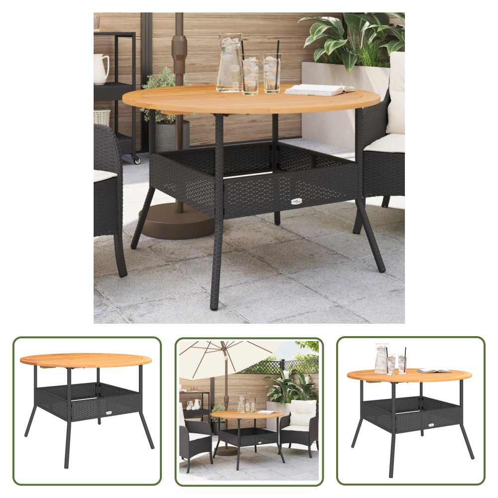 The Living Store Stół ogrodowy z akacjowym blatem - czarny - Ø110x71 cm - rattan PE - Stół Ogrodowy