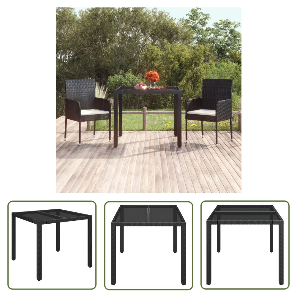 The Living Store Stół ogrodowy - szklany blat - czarny - 90x90x75 cm - rattan PE - Stół Ogrodowy