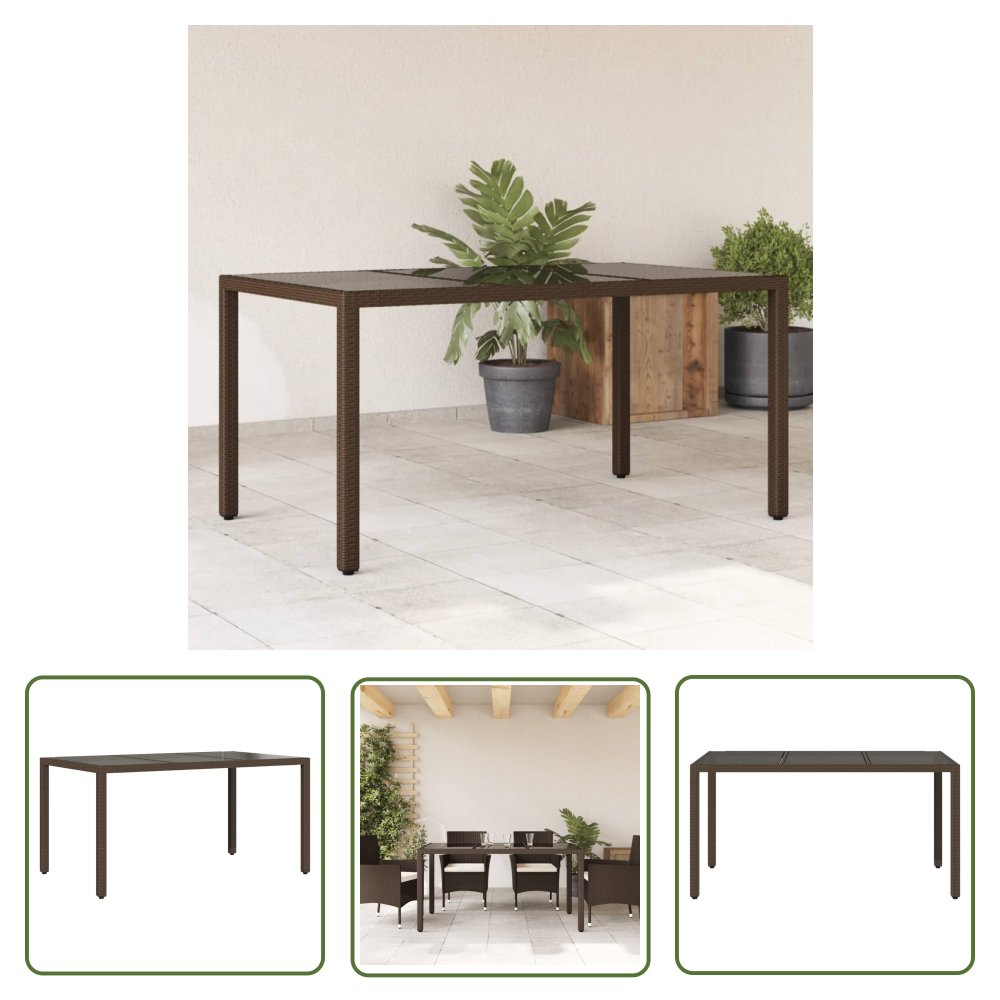 The Living Store Stół ogrodowy ze szklanym blatem - brąz - 150x90x75cm - polirattan - Stół Ogrodowy