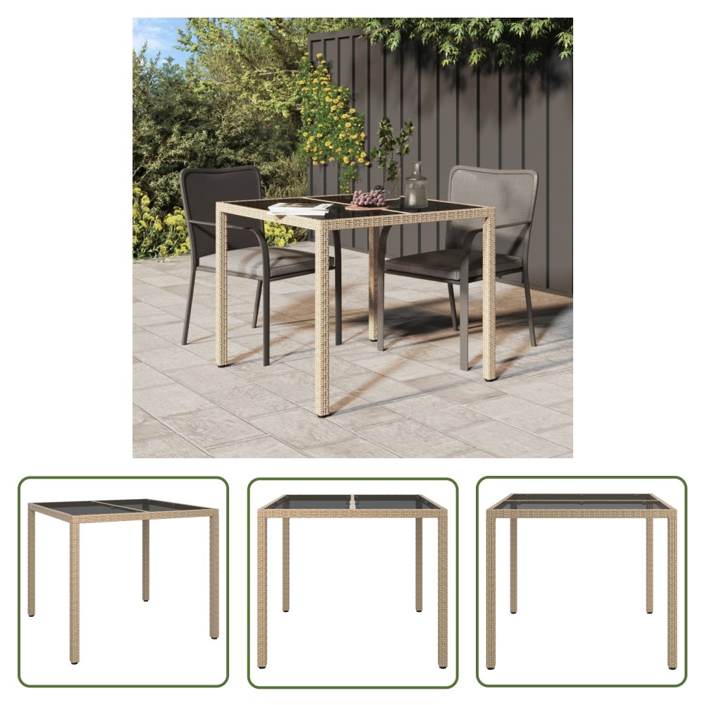 The Living Store Stół ogrodowy - 90x90x75 cm - szkło i rattan PE - beżowy - Stół