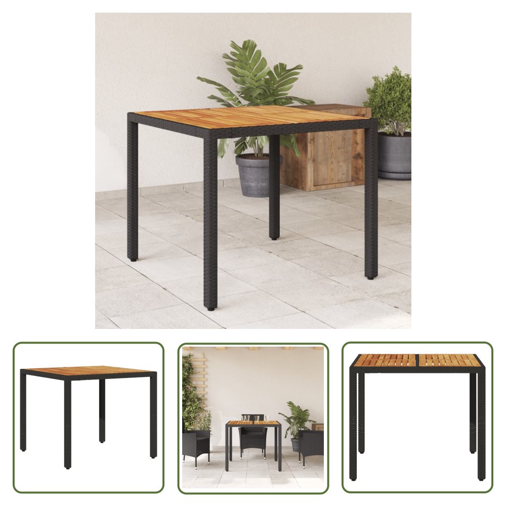 The Living Store Stół ogrodowy z akacjowym blatem - czarny - 90x90x75cm - rattan PE - Stół Ogrodowy