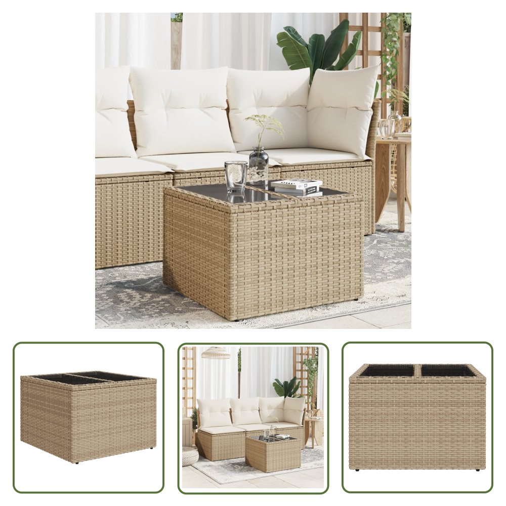 The Living Store Stół ogrodowy ze szklanym blatem - beżowy 55x55x37 cm - rattan PE - Stół Ogrodowy