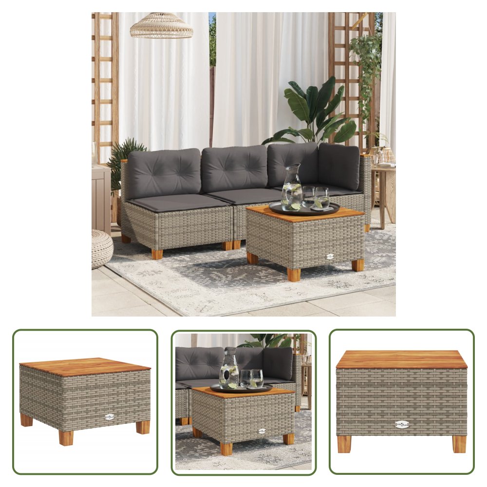 The Living Store Stolik ogrodowy - szary - 55x55x36 cm rattan PE i drewno akacjowe - Stolik Ogrodowy