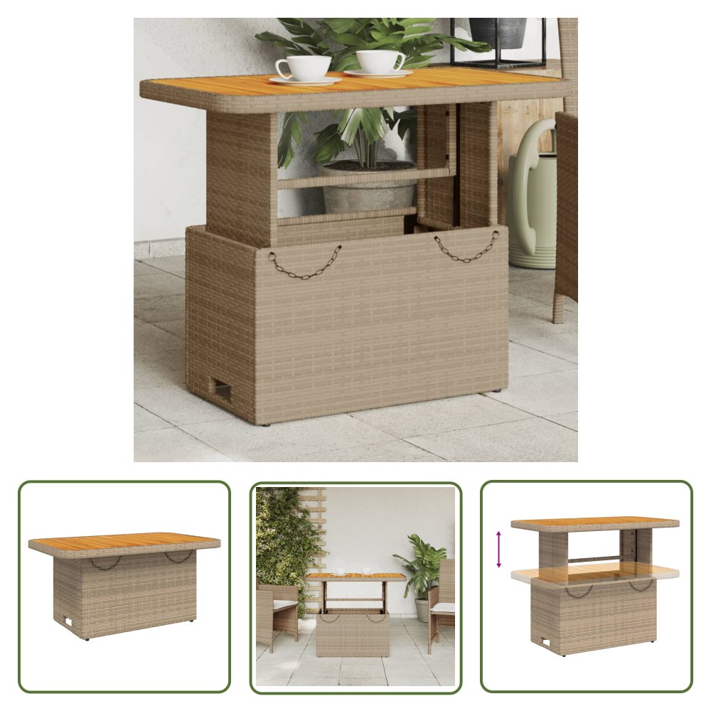 The Living Store Stół ogrodowy - beżowy - 90x55x71 cm - polirattan i akacja - Stół Ogrodowy
